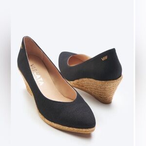 VISCATA Barcelona Roses Canvas V Cut Espadrille Wedges Black Sz EU 39 US 8